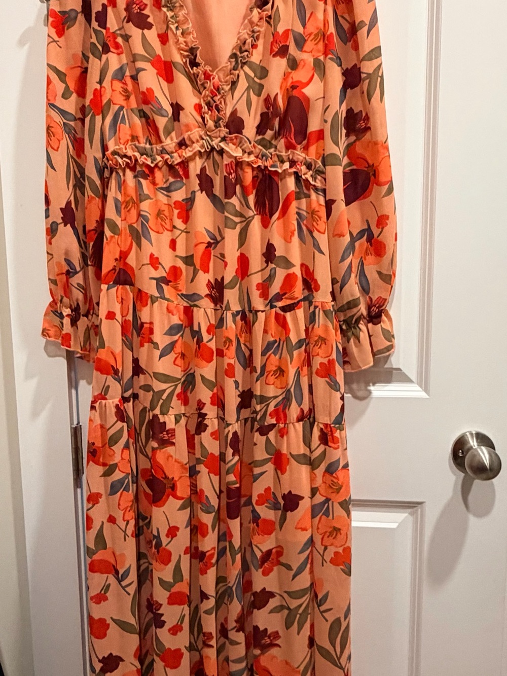 Floral Ruffle Empire Waist Maxi Dress - Peach/Orange